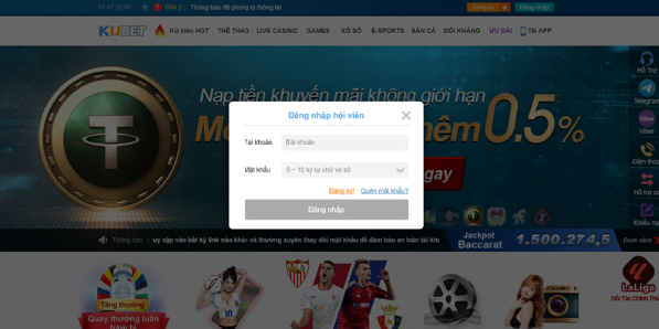 Form đăng nhập Kubet77